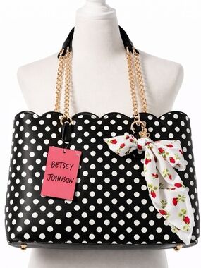 Betsey Johnson Black White Polka Dot Scalloped Tote Bag Floral Scarf
